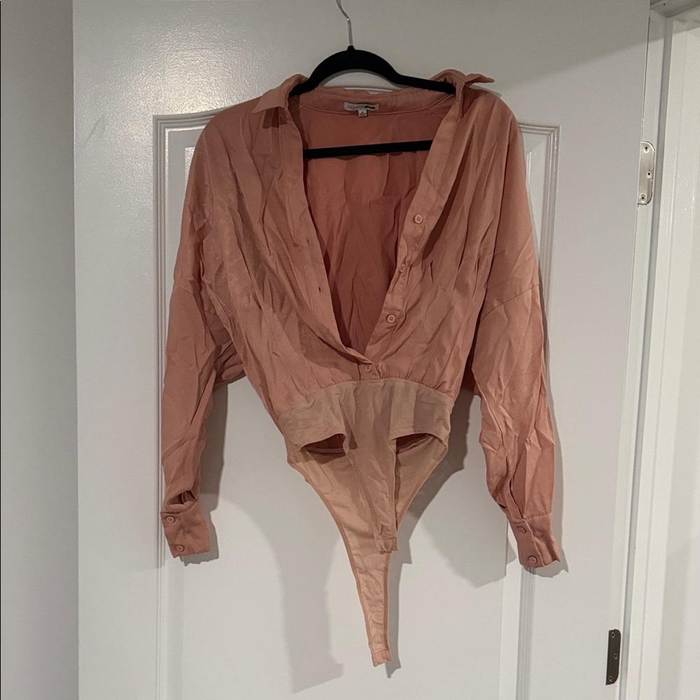 Fashion Nova Blush Pink Button-Front Long Sleeve Bodysuit